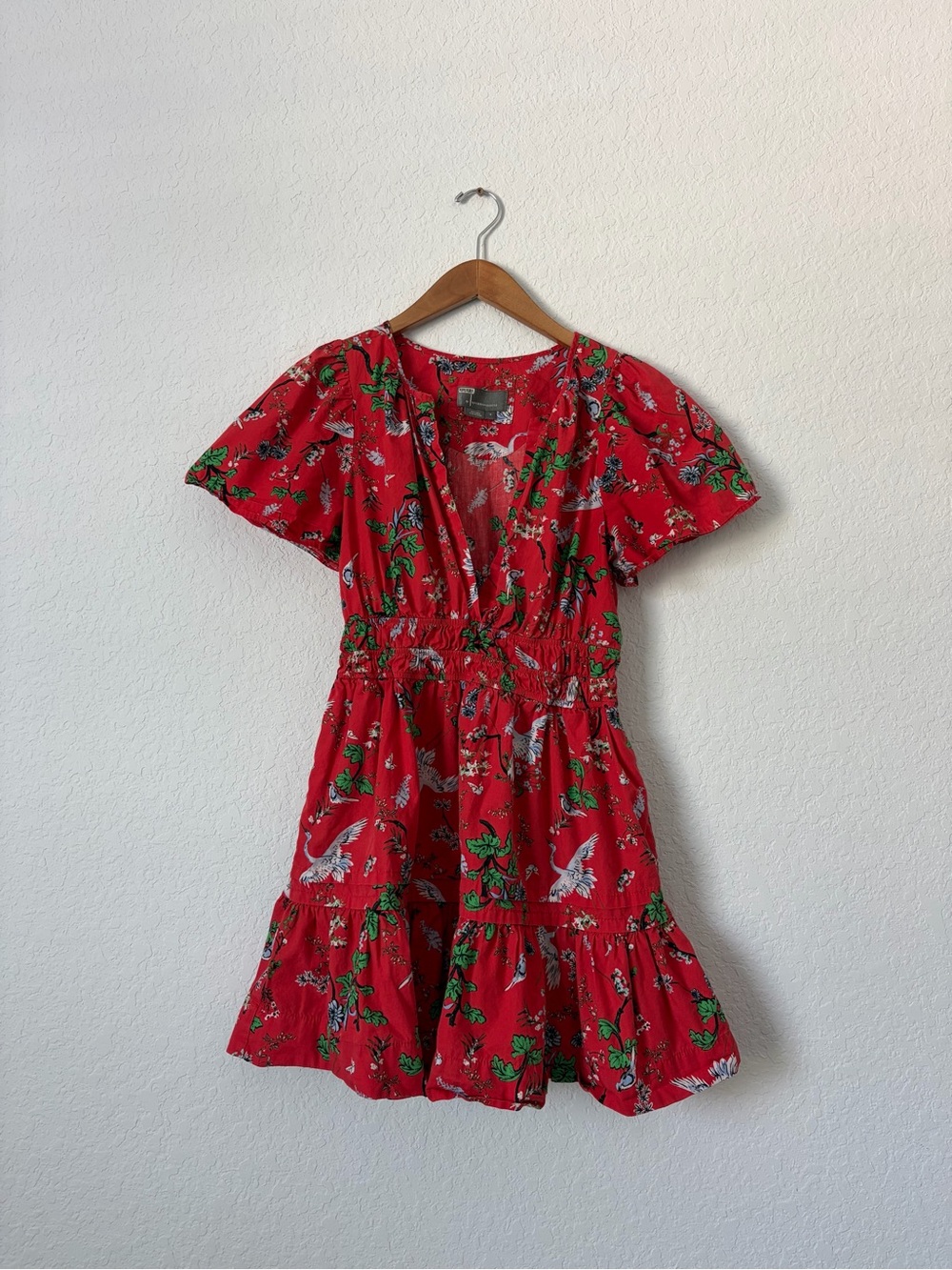 Anthropologie S Red Floral Cinch-Waist Mini Dress